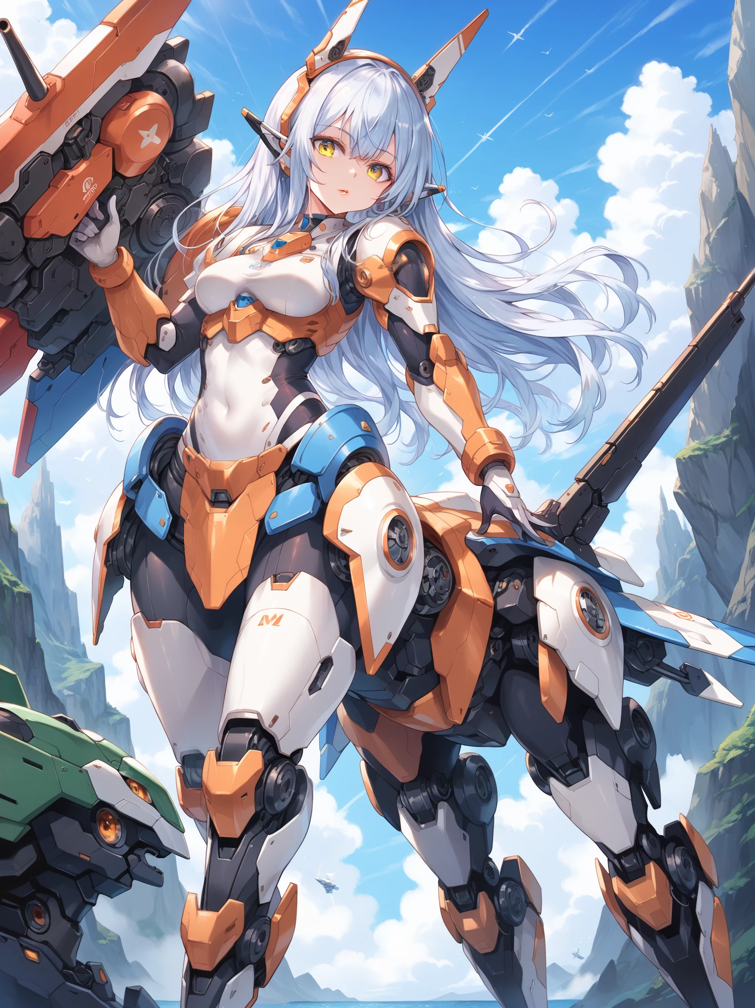 score_9, score_8_up, score_7_up, source_anime,masterpiece, best quality, high resolution, extremely detailed CG, absurdres, highres, ((perfect face, detailed face)), 1girl, solo, A mecha centaur girl, mecha girl, ((white_outfit with blue_praints)), holding weapon, mecha long gun, outdoors, (blue_hair, orange_armor), high contrast, ((gloss))