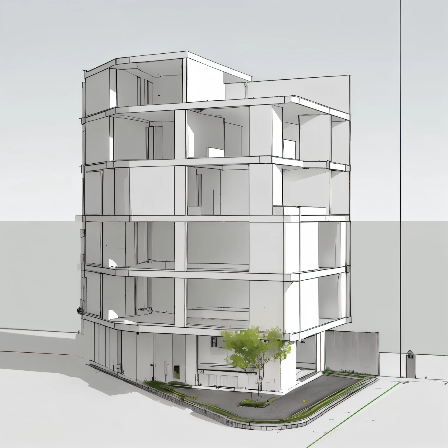 un rendu d&#39;a building with a tree in the middle, 3/4 vues, 3 / 4 vues, middle view, vue en élévation, conceptuel, Complete building, vue de face, concept architectural, croquis - vers le haut, Concrete housing, 3/4 vues realistic, conceptuel rendering, pre-rendered, side view, 3D rendered model, side view