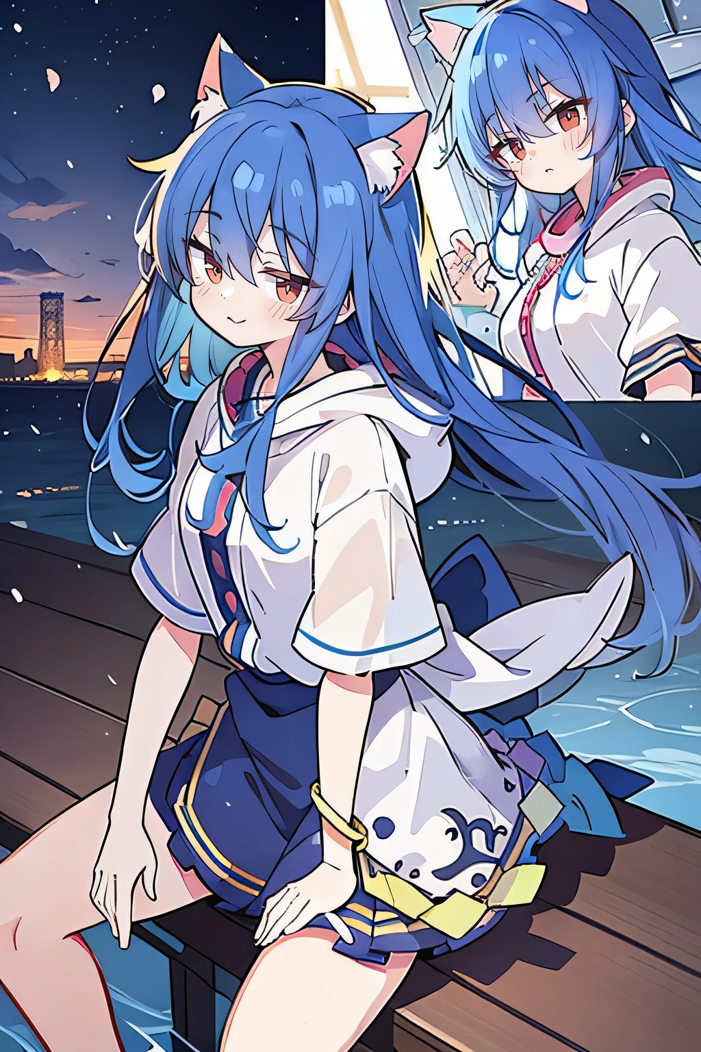 (masterpiece:1.2),Super detailed,lifelike,Expressive eyes,fair skin,perfect face shape,1 girl,
Japanese comics,Gorgeous blue hair,flowing blue hair,flowing clothes,Cat ears,Petals fall,beautiful lola,Baby Angel,sunrise,
Shaking head with one hand,Cross your legs,Gentle and peaceful background,The pavilion is cool and comfortable,smile, wearing hoodie, background of tokyo,back views,snowing, winter,seaside,wet clothes,A smile,A faint smile,。