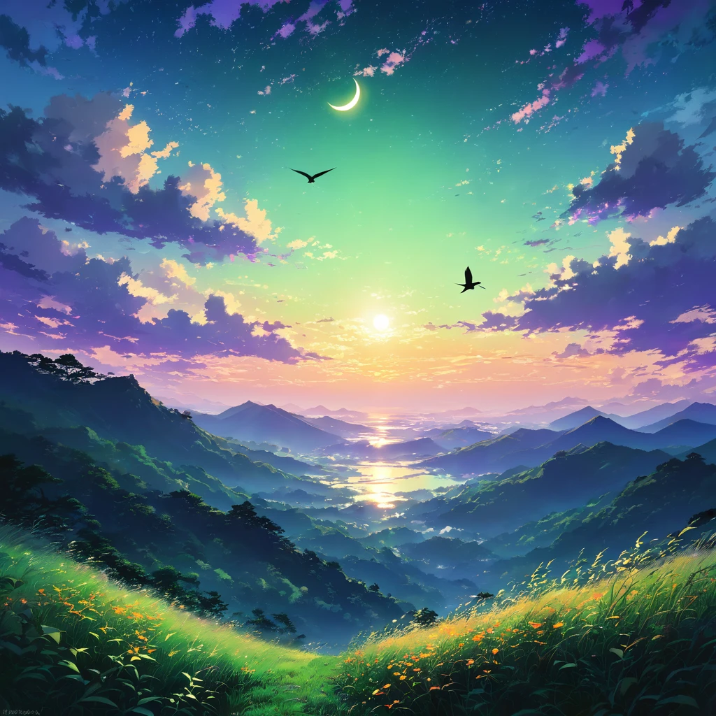 Before dawn, darkness, Silence, null, star, moon, Vanishing, Mountainside, Light, Ray, hope, cloud, Gradation, green, purple, orange, yellow, bird, silhouette, wood々, Wind, Silenceから動きへ, From night to morning, hopeに満ちた世界, A new beginning, birth, reproduction,beautiful アニメのWind景, Wind景画, Beautiful digital painting, Andreas Rocha, Beautiful artwork illustration, Awesome Wallpapers, Raymond Han, Tall beautiful paintings, Studio Greeble Makoto Shinkai, Beautiful Wallpapers, アニメのWind景