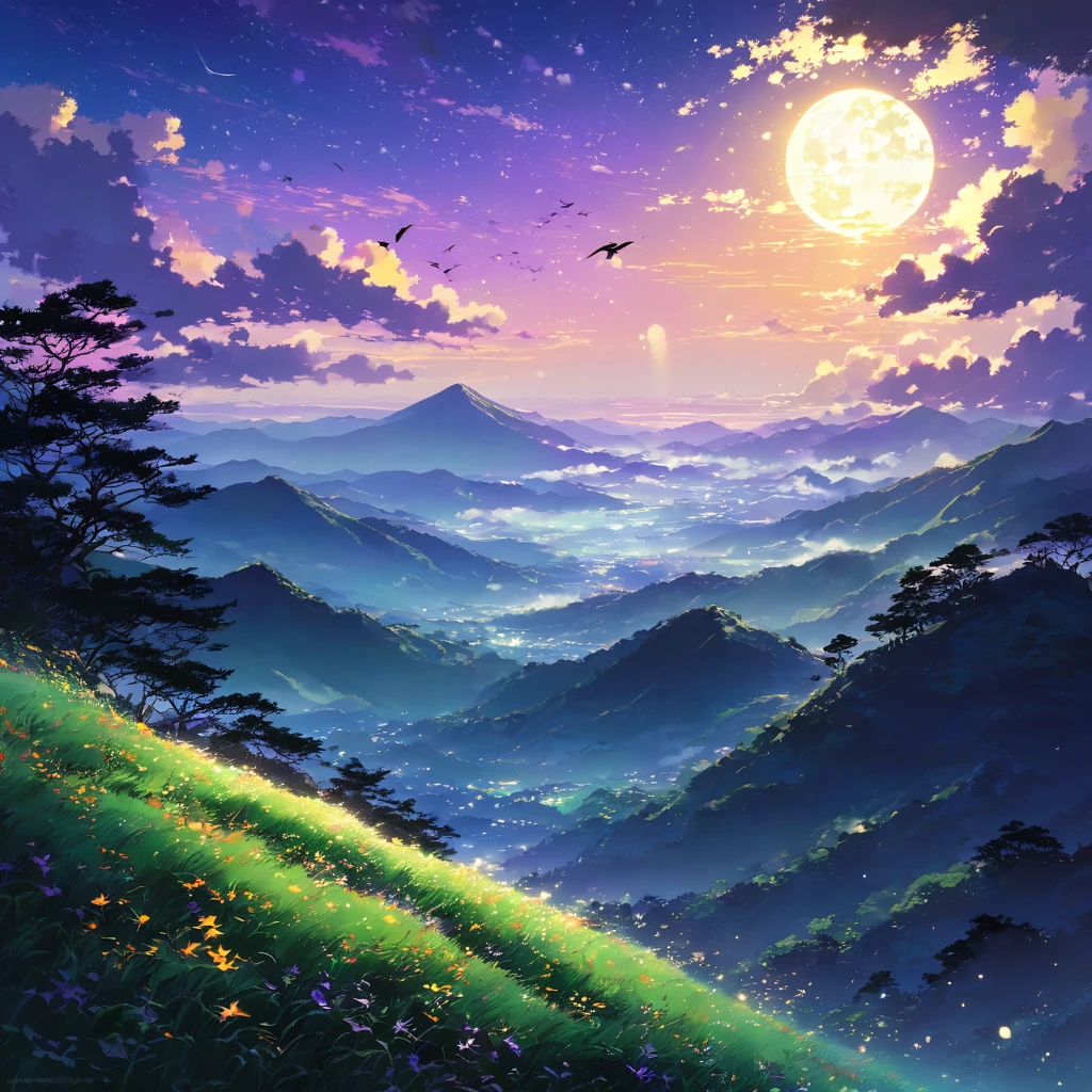 Before dawn, darkness, Silence, null, star, moon, Vanishing, Mountainside, Light, Ray, hope, cloud, Gradation, green, purple, orange, yellow, bird, silhouette, wood々, Wind, Silenceから動きへ, From night to morning, hopeに満ちた世界, A new beginning, birth, reproduction,beautiful アニメのWind景, Wind景画, Beautiful digital painting, Andreas Rocha, Beautiful artwork illustration, Awesome Wallpapers, Raymond Han, Tall beautiful paintings, Studio Greeble Makoto Shinkai, Beautiful Wallpapers, アニメのWind景