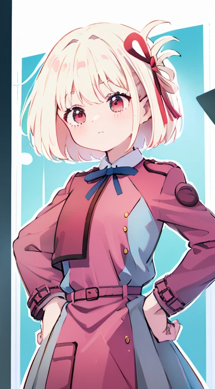 Little、Pink military uniform、Skirt、ribbon、A calm face、happen、Droopy eyes、Put your hands on your hips、masterpiece、Best image quality、highest quality、cute