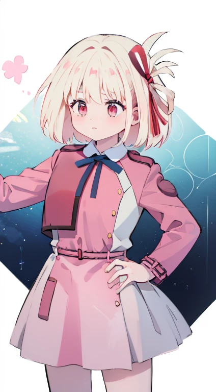 Little、Pink military uniform、Skirt、ribbon、A calm face、happen、Droopy eyes、Put your hands on your hips、masterpiece、Best image quality、highest quality、cute