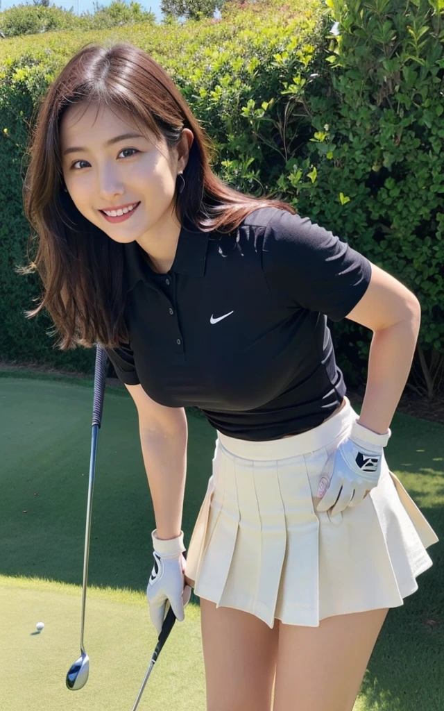 Highly detailed CG Unity 8k wallpaper, with the best quality, Super detailed, masterpiece, realistic, Realistic Photos, Highly detailed cute girl, 19 years old, solo、slender, tall 165cm, (sexy golf wear) , (golf micro mini flared skirt) , (hugging a golf driver),  (wearing golf gloves), （Turn around）、smile , round eyes, slender body, natural breasts、viewers watching, full body shot , ah golf course , Sun visor, （panties）,