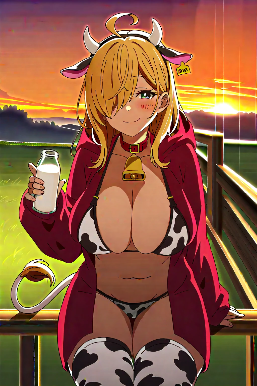 score_9, score_8_up, score_7_up, BREAK, source_anime,1girl, field, sunset, solo focus, smile, blush, standing, (from side), looking at viewer, large breasts, wizshadow, ahoge, hair over one eye, cross, hood, jewelry, cow print long sleeves and stockings, fine anime screencap_xl, anime screencap, holding a bottle with milk inside, fake horns, cow ears, red leather choker with golden neck bell, cow tail,