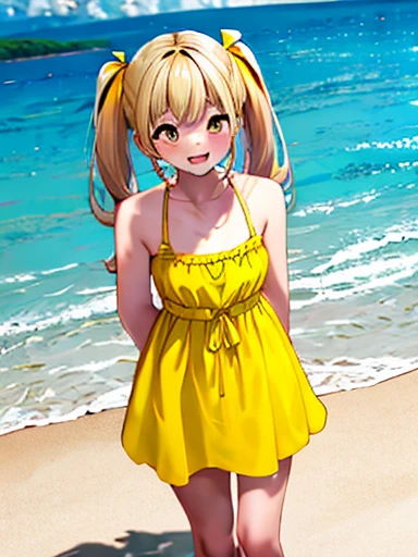 Beach、Beach、Yellow dress、Swimwear、girl、solo、Twin tails、Blonde Hair、