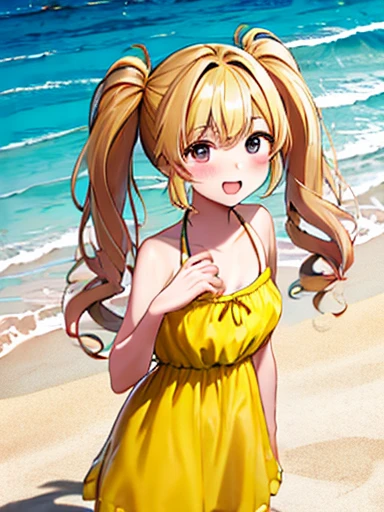 Beach、Beach、Yellow dress、Swimwear、girl、solo、Twin tails、Blonde Hair、