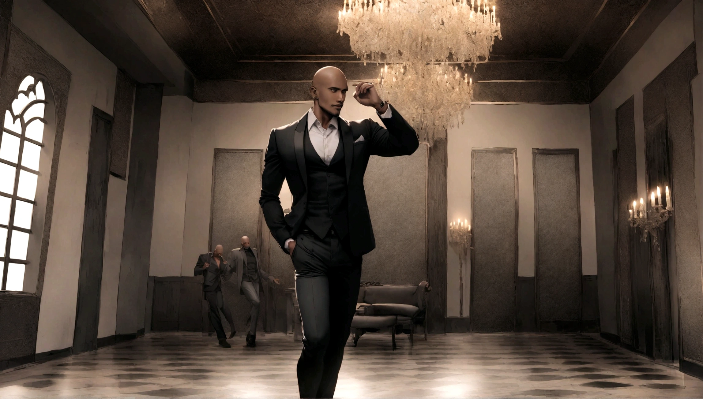 Arabian man in white shirt and black pants standing in a room, Tailored clothing, Gray pants and black dress shoes, Highly fashionable and masculine, formal dress, Slim man with dark skin, Bald, Handsome man, Male ratio, Beautiful and elegant, Black suit pants, Male Model, Model pose, Wearing a business suit, Beautiful and attractive