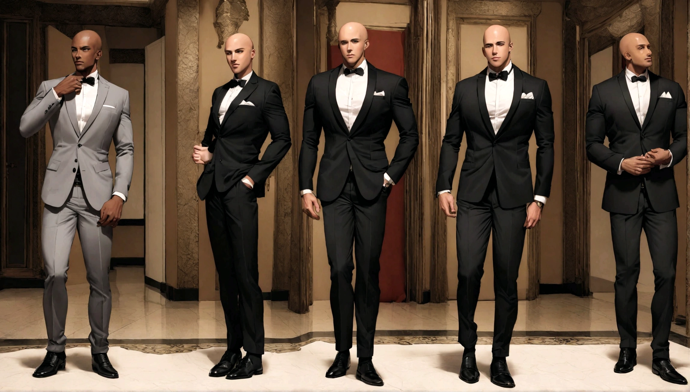 Arabian man in white shirt and black pants standing in a room, Tailored clothing, Gray pants and black dress shoes, Highly fashionable and masculine, formal dress, Slim man with dark skin, Bald, Handsome man, Male ratio, Beautiful and elegant, Black suit pants, Male Model, Model pose, Wearing a business suit, Beautiful and attractive