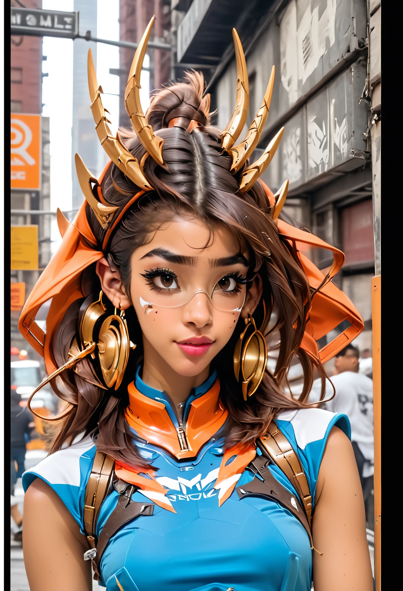 beautiful, nerdy Cute Latina girl, age 23.  semi-real but also characterized like 3D characters. Mecha, Gundam, ....Dressed in old-school 1980s hip-hop clothing. NYC girl. Wearing copper bamboo earrings, big door knocker earrings. Large square style, 80's Gazelle glasses. B-boys - photography of Jamal Shabazz, New York, circa 1980s, late 1970s, 80s style fashion. Classic hip-hop fashion from the 80s. Inner city Bronx youth. black belt with a dirty Gold nameplate belt. 80s natural fluffy hairstyle.. set on the streets of Brooklyn.  (retro). 