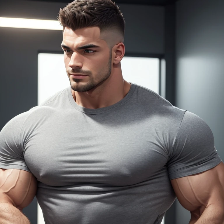 a very handsome man, adult, handsome, cheerful, Mid fade haircut, massively muscular, with massively large muscles, with massively large, muscular and defined body, wearing a gray shirt, seen very close up