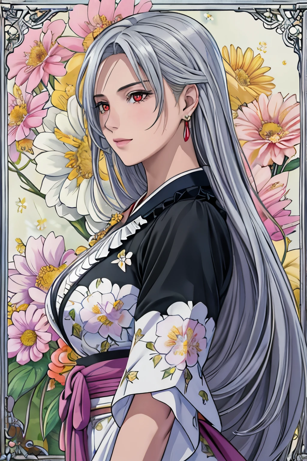 (​masterpiece, top-quality, top-quality, Official art, Beautifully Aesthetic:1.2), red eyes, (highest quality, masterpiece painting:1.3), immature woman, ************, (half body shot), masterpiece, ultra high resolution, (((Flower frame, A lot of flowers in the frame, round frame, A beautiful girl fits into the frame))), Decorative panel, abstract art, (shot from a side angle), (Photoreal:1.0), ((light silver hair)),straight hair, beautiful shining hair, white and shining skin, Painterly, sketch, Texture, 超A high resolution, solo, Beautuful Women, A highly detailed, (Fractal Art:1.1), (colourfull:1.1), (florals:1.6), The most detailed, (Zentangle:1.2), (Dynamic Poses), (Abstract background:1.3), (shinny skin), (Many colors:0.8), (earrings:1.4), (pluma:0.9), Taisho romance