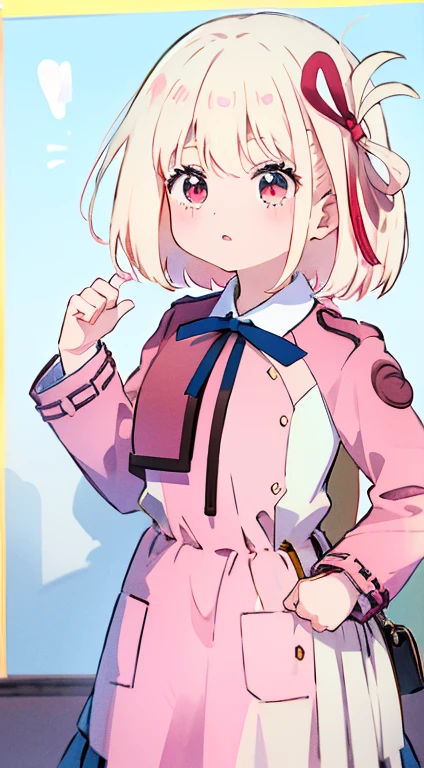 Little、Pink military uniform、Skirt、ribbon、A calm face、happen、Droopy eyes、Put your hands on your hipasterpiece、Best image quality、highest quality、cute