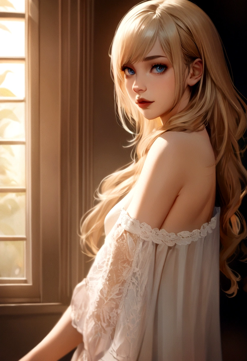 1girl in, 18, Solo, Long hair, Colossal , Looking at Viewer, blondehair, Bare shoulders, jewely, Full body, (extremely detailed 8k wallpaper), soft lighting, high quality, film grain, Fujifilm XT3 sharp focus, f 5.6, High Detail, Sharp focus,(natural light), (closeup:1.2), (seductive), off shoulders T-shirt, Realistic, A sexy, cute blue eyes realistic
