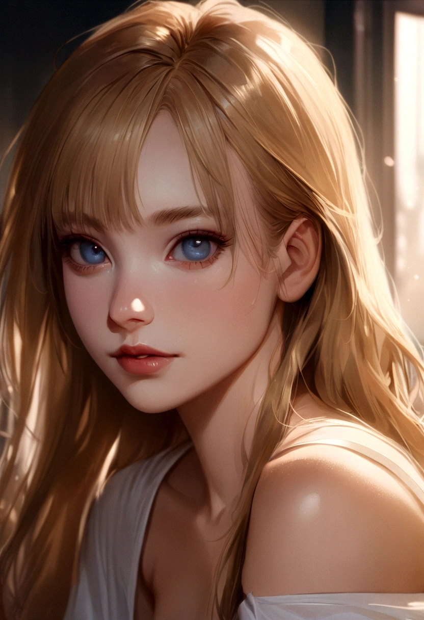 1girl in, 18, Solo, Long hair, Colossal , Looking at Viewer, blondehair, Bare shoulders, jewely, Full body, (extremely detailed 8k wallpaper), soft lighting, high quality, film grain, Fujifilm XT3 sharp focus, f 5.6, High Detail, Sharp focus,(natural light), (closeup:1.2), (seductive), off shoulders T-shirt, Realistic, A sexy, cute blue eyes realistic 