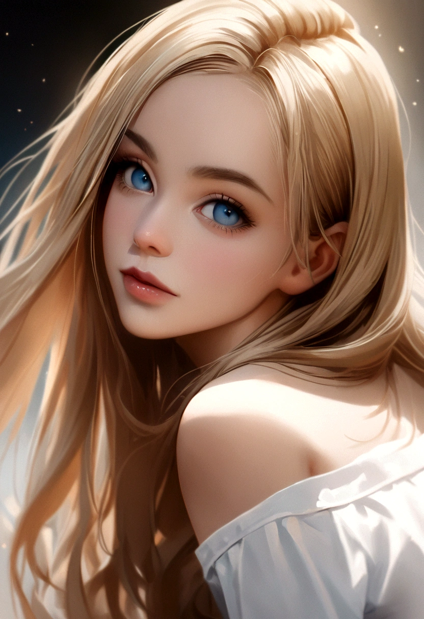 1girl in, age18, Solo, Long hair, Colossal , Looking at Viewer, blondehair, Bare shoulders, jewely, Full body, (extremely detailed 8k wallpaper), soft lighting, high quality, film grain, Fujifilm XT3 sharp focus, f 5.6, High Detail, Sharp focus,(natural light), (closeup:1.2), (seductive), off shoulders T-shirt, Realistic, A sexy, cute blue eyes realistic 