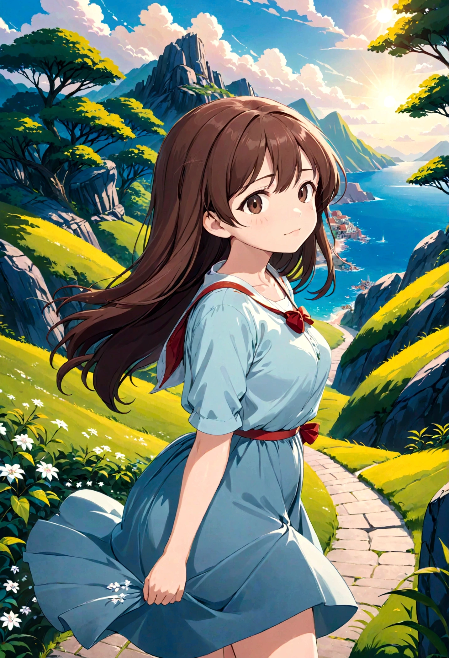 Low - Angle、Long skirt、強WindでHolding the flipping skirt with your hand、強WindでWhite cotton pantiesが見えている、:((Holding the flipping skirt with your hand))Low - Angle8Kで、highest quality、masterpiece、Ultra-detailed、Ultra-high resolution、Anime Style、1. High school girl、強Wind、((Holding the flipping skirt with your hand))、(impatient)White cotton panties:1.5), (Wind:1.25), (highest quality:1.0), (masterpiece:1.0), (Ultra-fine illustrations:1.0), ネイビーブルーのLong skirt、
、Lined、