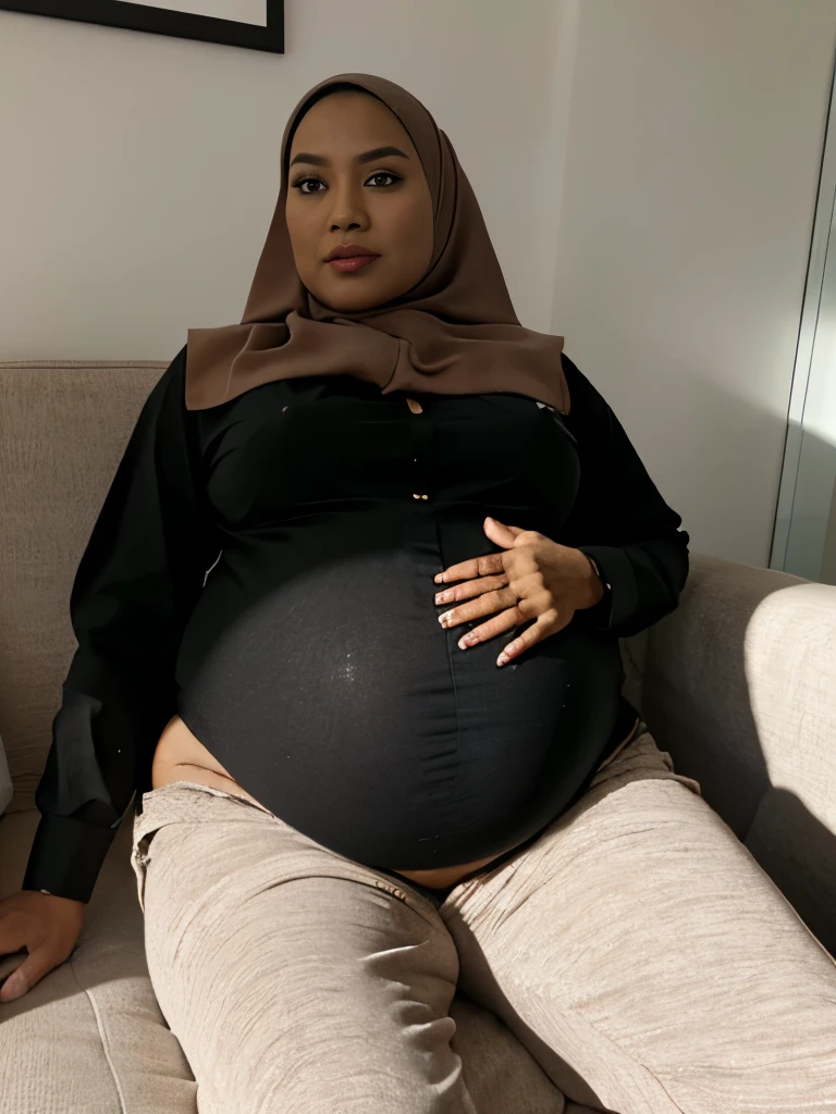 One Malay woman in hijab, 70 years old malay woman, 70 years old malay pregnant woman, mature woman, wearing a loose pajamas, chubby face, ultra high resolution, photorealistic:.1.4, UHD, super detailed, detailed face, detailed eyes, detailed lips, best quality, chubby pregnant woman, thicc body, huge breast: 1.5, gigantic sagging breast, fat ass, huge ass, she was pregnant, 45 weeks of pregnancy, jiggly fat round pregnant belly, bouncy belly, hyperpregnancy, hyperpreg, gigantic pregnant belly, huge belly, sitting on the couch
