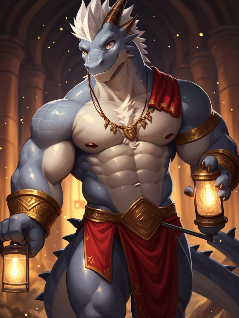 Masterpiece, official art, furry, male, anthropomorphic Platinum Dragon, delicate face, delicate eyes, platinum eyes, flimsy hite loincloth, kerosene lamp, red vertical on forehead, spear in hand: 1.2, depth of field, perfect lighting, light particles, (best quality), (masterpiece), (hyperdetail), sharp focus, light particles scales, bara,