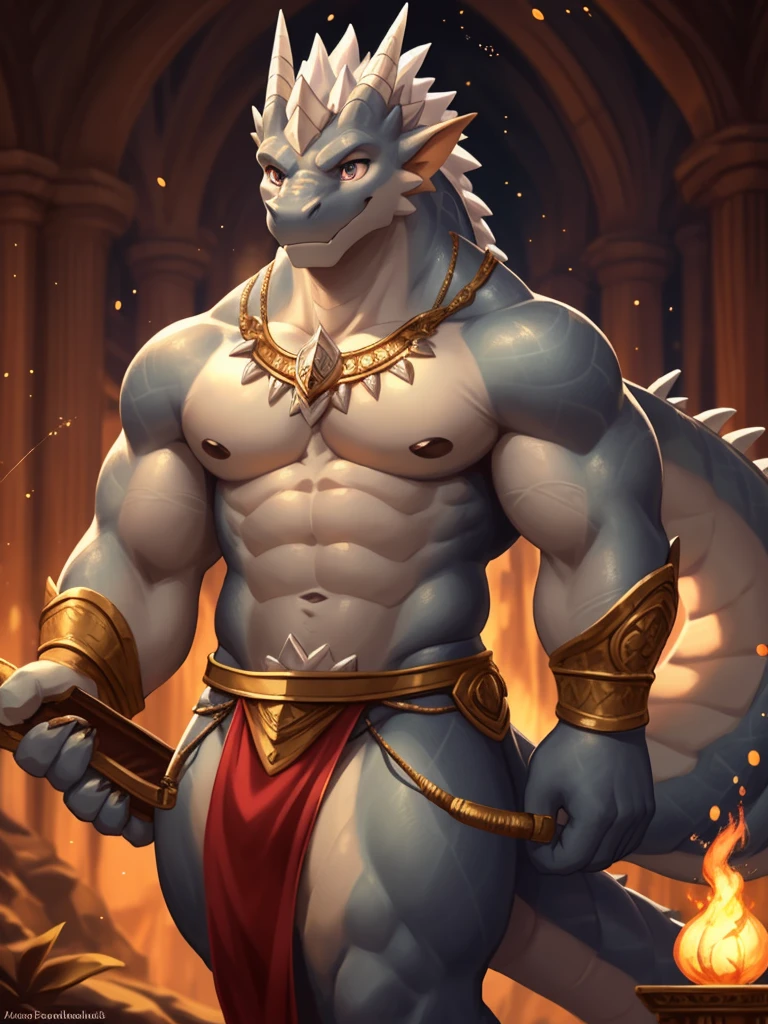 Masterpiece, official art, furry, male, anthropomorphic Platinum Dragon, delicate face, delicate eyes, platinum eyes, flimsy hite loincloth, kerosene lamp, red vertical on forehead, spear in hand: 1.2, depth of field, perfect lighting, light particles, (best quality), (masterpiece), (hyperdetail), sharp focus, light particles  scales, bara, 