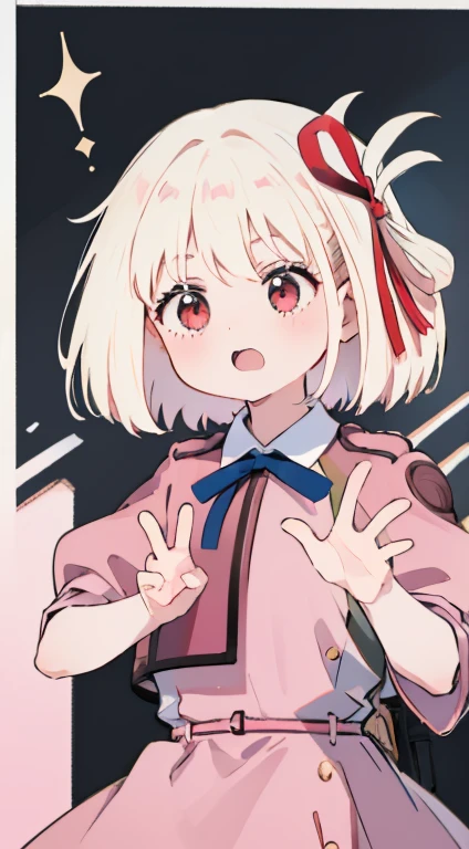 Little、Pink military uniform、Skirt、ribbon、A calm face、happen、Droopy eyes、Put your hands on your hipasterpiece、Best image quality、highest quality、cute