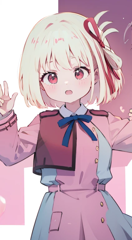 Little、Pink military uniform、Skirt、ribbon、A calm face、happen、Droopy eyes、Put your hands on your hipasterpiece、Best image quality、highest quality、cute