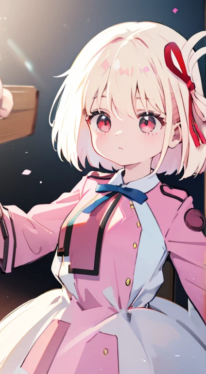 Little、Pink military uniform、Skirt、ribbon、A calm face、happen、Droopy eyes、Put your hands on your hipasterpiece、Best image quality、highest quality、cute