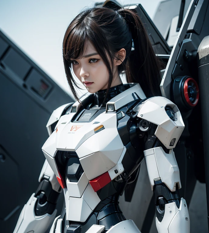Textured skin, Super Detail, high details, High quality, Best Quality, hight resolution, 1080p, hard disk, Beautiful,(Gundam),beautiful cyborg woman,Mecha Cyborg Girl,Battle Mode,Girl with a Mecha Body,She wears a futuristic Gundam mecha,A powerful cyborg woman, sleek and futuristic, with advanced mechanical augmentations that enhance her strength and capabilities.