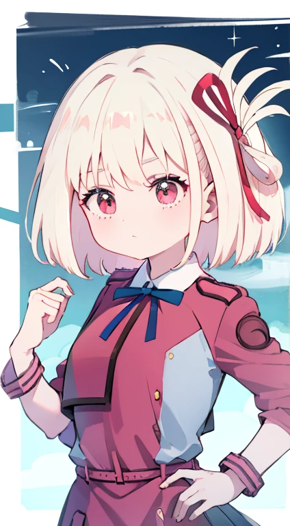 Little、Pink military uniform、Skirt、ribbon、A calm face、happen、Droopy eyes、Put your hands on your hips、masterpiece、Best image quality、highest quality、cute