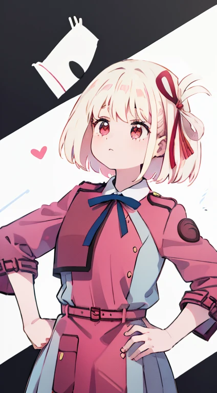 Little、Pink military uniform、Skirt、ribbon、A calm face、happen、Droopy eyes、Put your hands on your hips、masterpiece、Best image quality、highest quality、cute