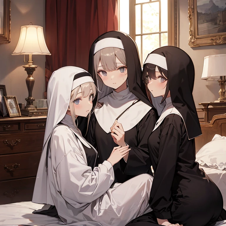 A group of  nuns, (in bedroom), various hair styles, harem, night, details face, seducing 