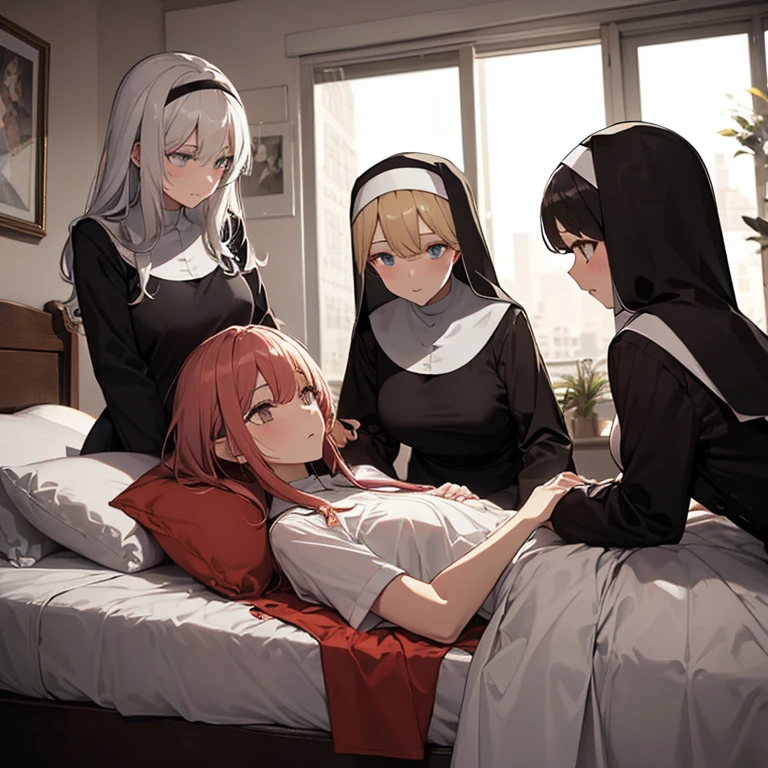 A group of nuns, (in bedroom), various hair styles, harem, night, details face, seducing
