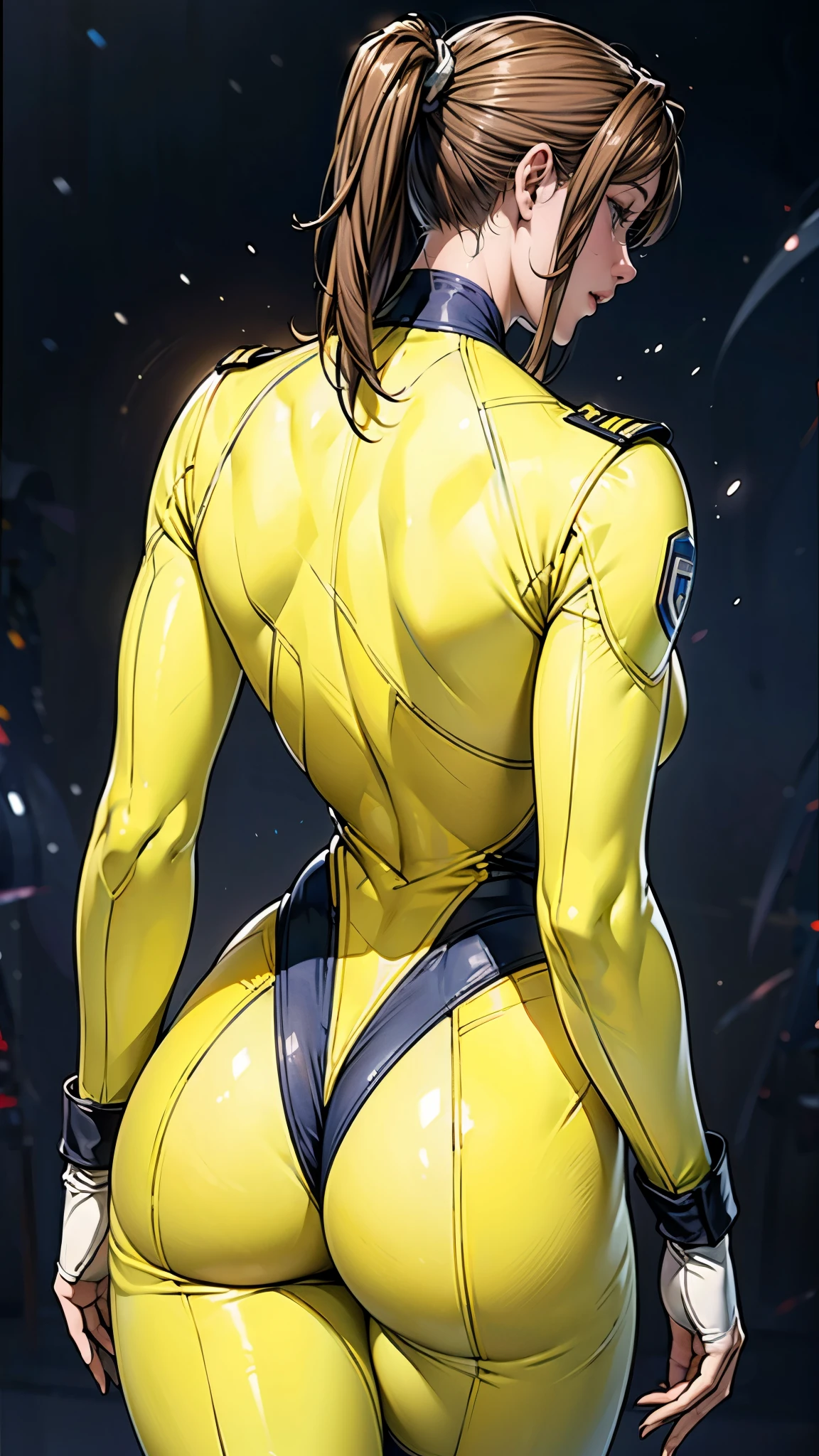 (masterpiece),(highest quality),(Very detailed),(High resolution),(Photorealistic Stick),(Realistic),(8k),wallpaper,Perfect lighting,BREAK(One Woman),((MoriYuki:1.5)),(MoriBodysuit, yellow bodysuit, belt:1.5),(MoriUniform, white gloves, military uniform, brown jacket, ascot, belt:1.5),(22 years old),(((Extremely form fitting bodysuit:1.5))),(((Very detailedなボディスーツの描画:1.5))),(Beautiful Eyes:1.5),(Detailed face drawing:1.5),(Detailed face drawing:1.5),((Very detailedな女性の手:1.5)),(Shiny skin:1.0),(((Very muscular:1.5))),((Big Butt:1.5)),(Fleshy),(((Thick thighs:1.5))),(Sensual body),(black background:1.5),(((Blur the background:1.5))),(((Back view:1.5))),(((Grinning:1.5))),(((Swayback stance:1.5)))