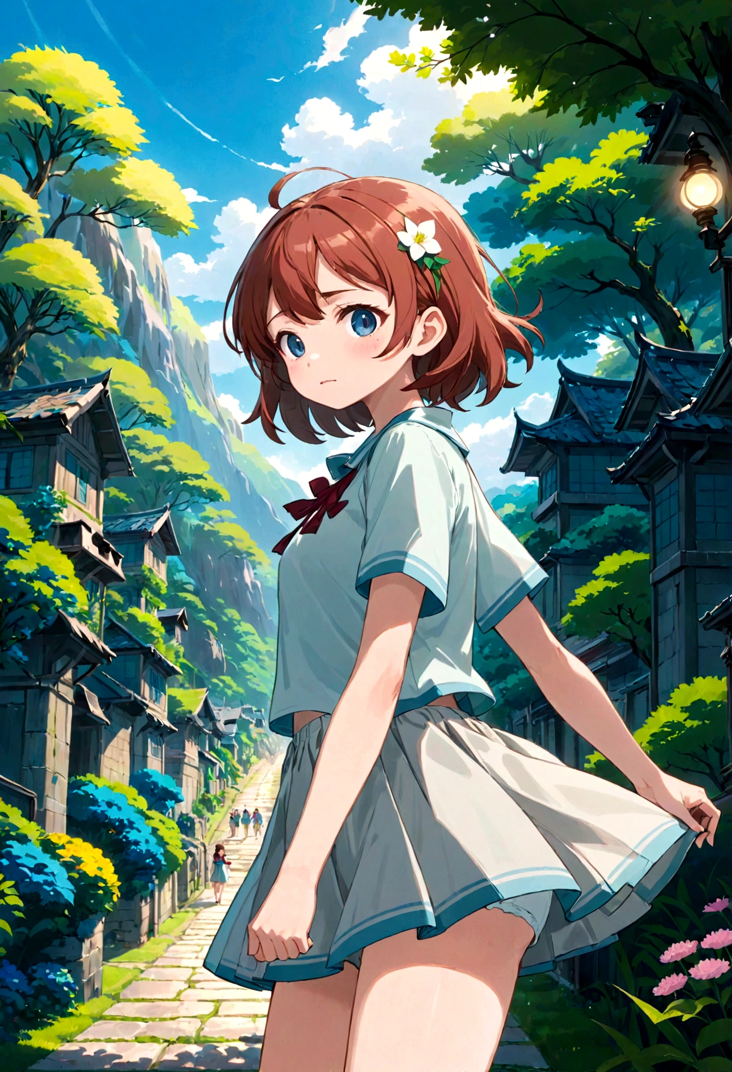 Low - Angle、Long skirt、強WindでHolding the flipping skirt with your hand、強WindでWhite cotton pantiesが見えている、:((Holding the flipping skirt with your hand))Low - Angle8Kで、highest quality、masterpiece、Ultra-detailed、Ultra-high resolution、Anime Style、1. High school girl、強Wind、((Holding the flipping skirt with your hand))、(impatient)White cotton panties:1.5), (Wind:1.25), (highest quality:1.0), (masterpiece:1.0), (Ultra-fine illustrations:1.0), ネイビーブルーのLong skirt、
、Lined、
