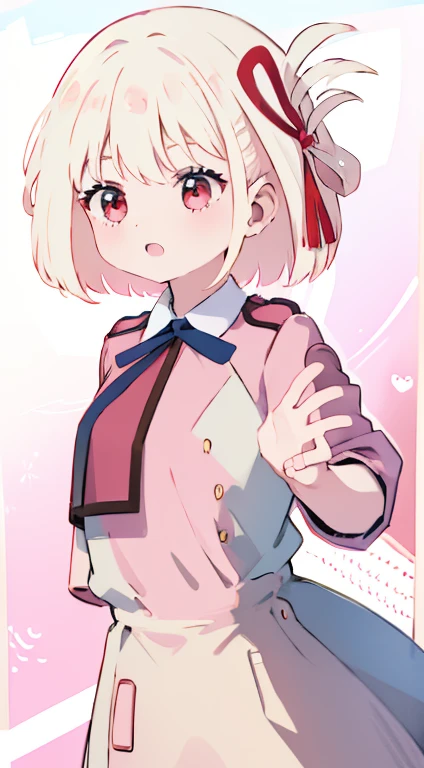 Little、Pink military uniform、Skirt、ribbon、A calm face、happen、Droopy eyes、Put your hands on your hipasterpiece、Best image quality、highest quality、cute