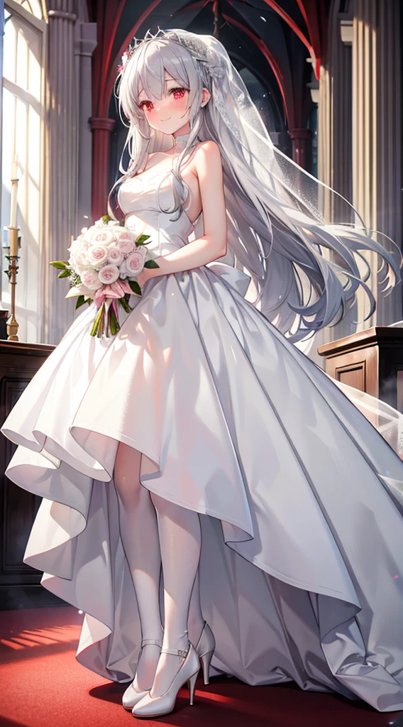 Gray Hair Red Eye Long Hair Lori slender Wedding dress White Stockings White high heels church Beauty cute blush smile happy tears bouquet