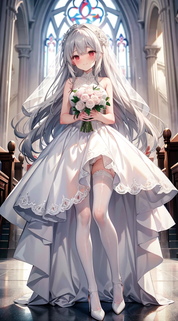 Gray Hair Red Eye Long Hair Lori slender Wedding dress White Stockings White high heels church Beauty cute blush smile happy tears bouquet