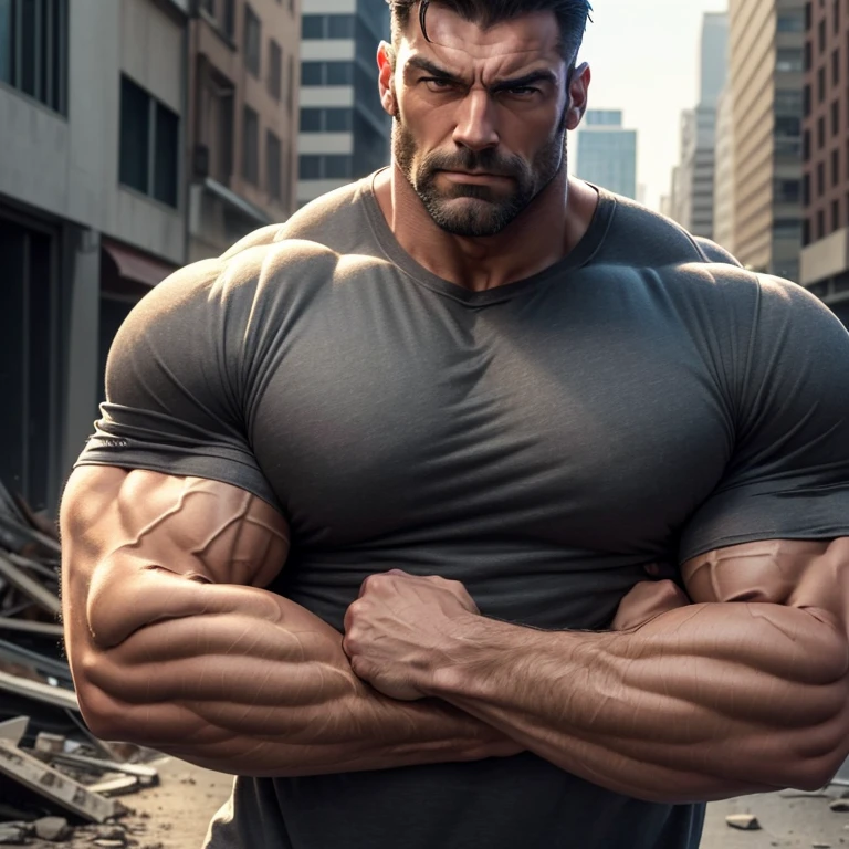 a very handsome, robust, serious, massively muscular adult man, with massively large muscles, with massively large and muscular arms and biceps, with a defined body, wearing a very dirty dark gray shirt, seen very close up in a destroyed city