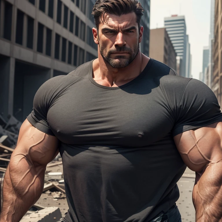 a very handsome, robust, serious, massively muscular adult man, with massively large muscles, with massively large and muscular arms and biceps, with a defined body, wearing a very dirty dark gray shirt, seen very close up in a destroyed city