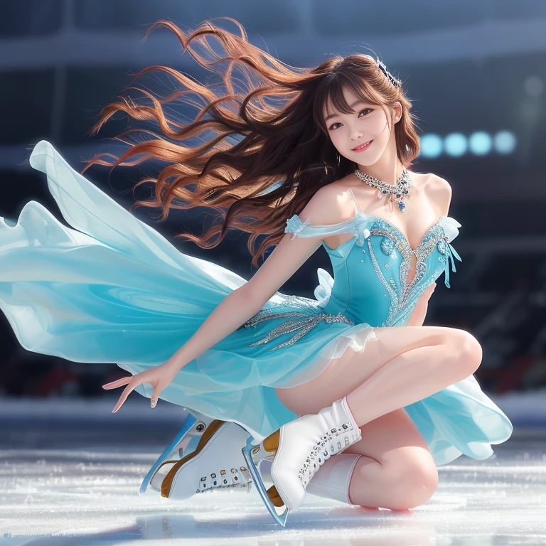 Photo-realistic quality、20-year-old Japanese idol wears a short dress on the ice, Ice Princess, Wearing figure skating shoes, Detailed and beautiful eyes、Cute smile、A soft and gentle look、looking at the camera、Beautiful Japanese Model
