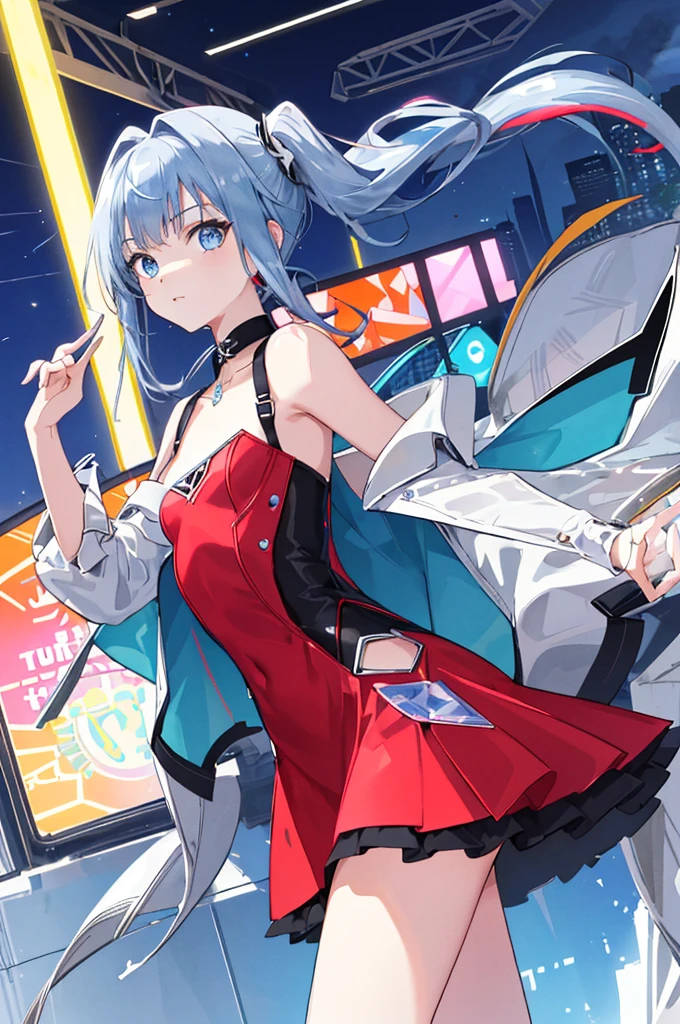 ((masterpiece:1.4, highest quality))++, (Super detailed)+,(highest quality,Super detailed,Bright colors,colorful, dynamic angle, expensive contrast:1.2),Upper Body,
(two-tone metallic red color short tight dress:1.2),sexy,(short_skirt:1.3),expensive_Heel,stockings,No sleeve,Bare back,(Futuristic cityscape,Race Track, Neon Signs, Searchlight, hologram:1.3),Delicate face, Delicate features,(From below:0.5),
fashionable, Vibrant, Costume, Pause, front, colorful, dynamic, background, element, have confidence, Performance, statement, accessories, Majestic, Coiled, The surrounding area, scene,cover, bold, to attract attention,stylish, font, Catchy, impressive, Modern, trend, concentrated, fashion,
One cute girl,(alone:1.3),(Flat Chest:1.2),Double Ponytail,(Jewel-like blue eyes:1.3), (Shiny Hair, Silver long hair:1.3), Haoka_Meimi,