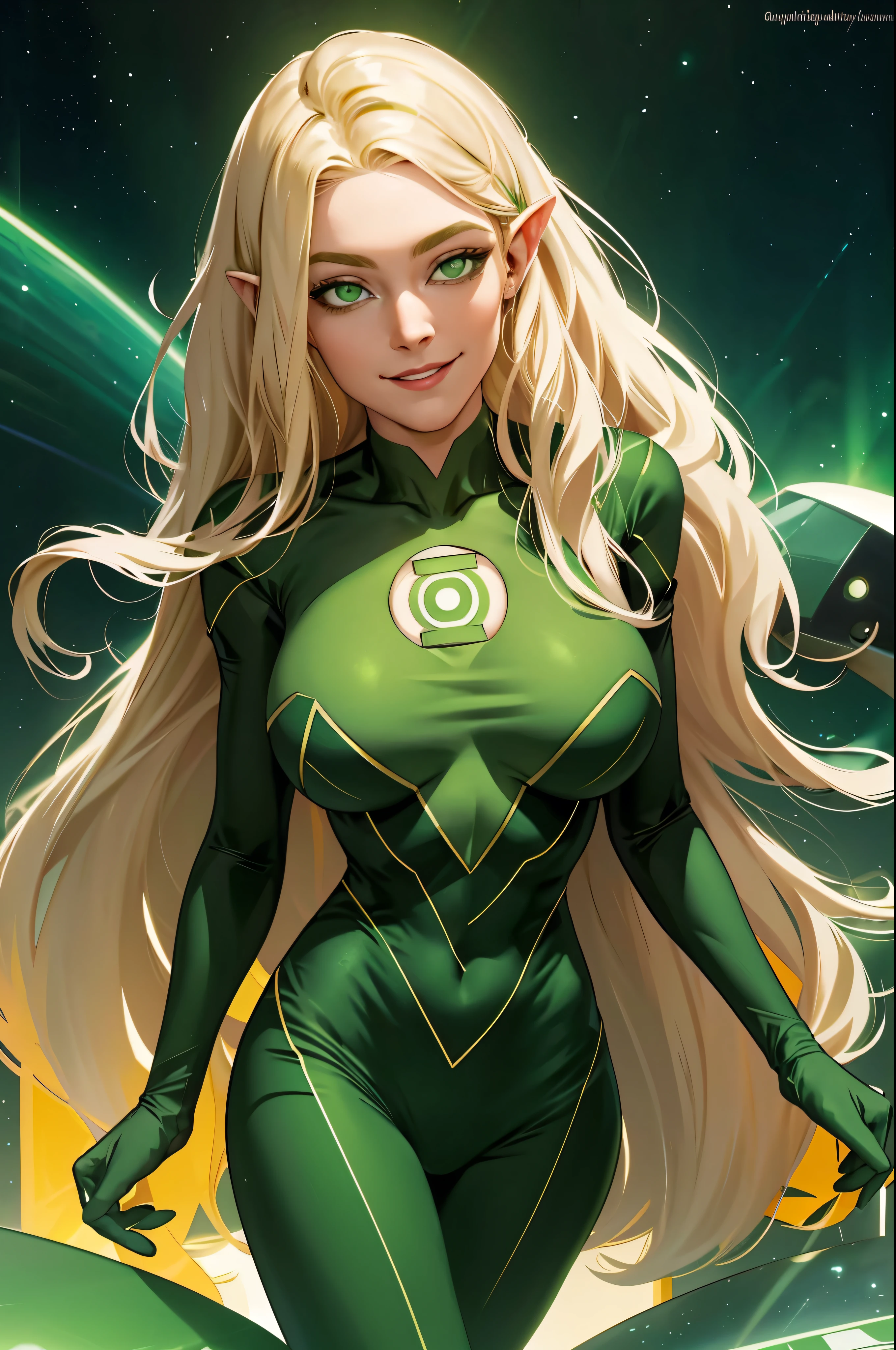 woman, long blonde hair, pale green eyes, smiling, full bodysuit, wearing a green ring, space background, huge breasts, sexy, feminine, masterpiece, beautiful detailed eyes, detailed face, looking at viewer, glowing, half body portrait, green lantern, eva elfie, sexy pose