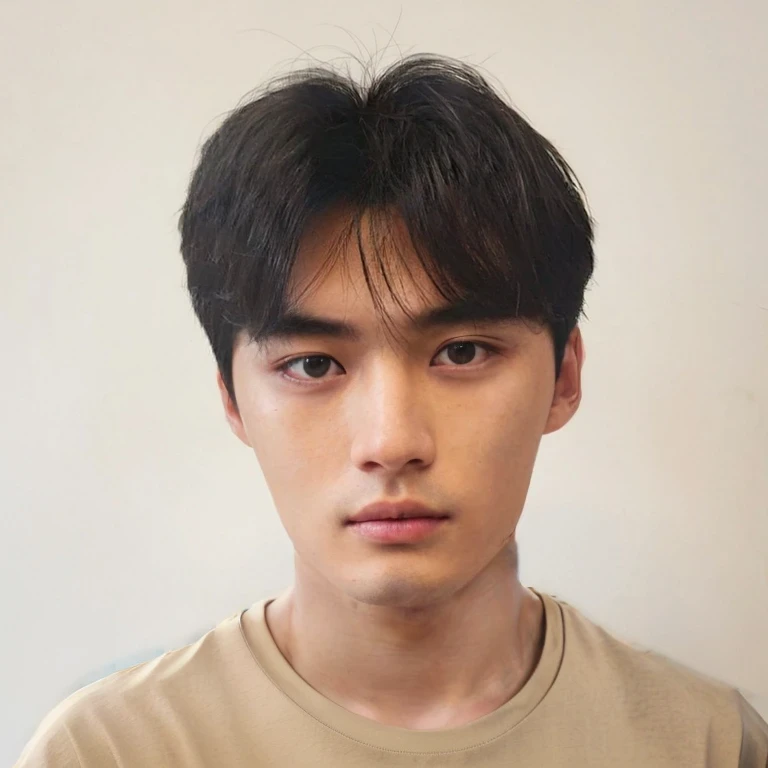 Best Quality, 8k, Masterpiece, (Portrait: 1.3), (photo realistic:1.4), (hyper realistic:1.4), Sharp Focus, looking at viewer, (smoother lighting:1.1), (increase cinematic lighting quality:0.9), realistic lighting, backlighting, light on face, ray trace, (brightening light:1.2), (Increase quality:1.4), sharp detail, (best quality real texture skin:1.4), finely detailed eyes, black_eyes, finely detailed face, 25 year old Korean man, (beige t-shirt:1.4), (Create an image maintaining the original base model hairstyle:1.5)