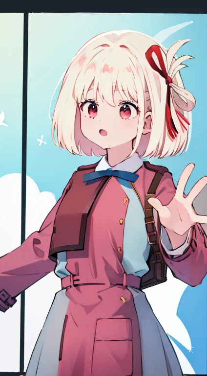 Little、Pink military uniform、Skirt、ribbon、A calm face、happen、Droopy eyes、Put your hands on your hipasterpiece、Best image quality、highest quality、cute