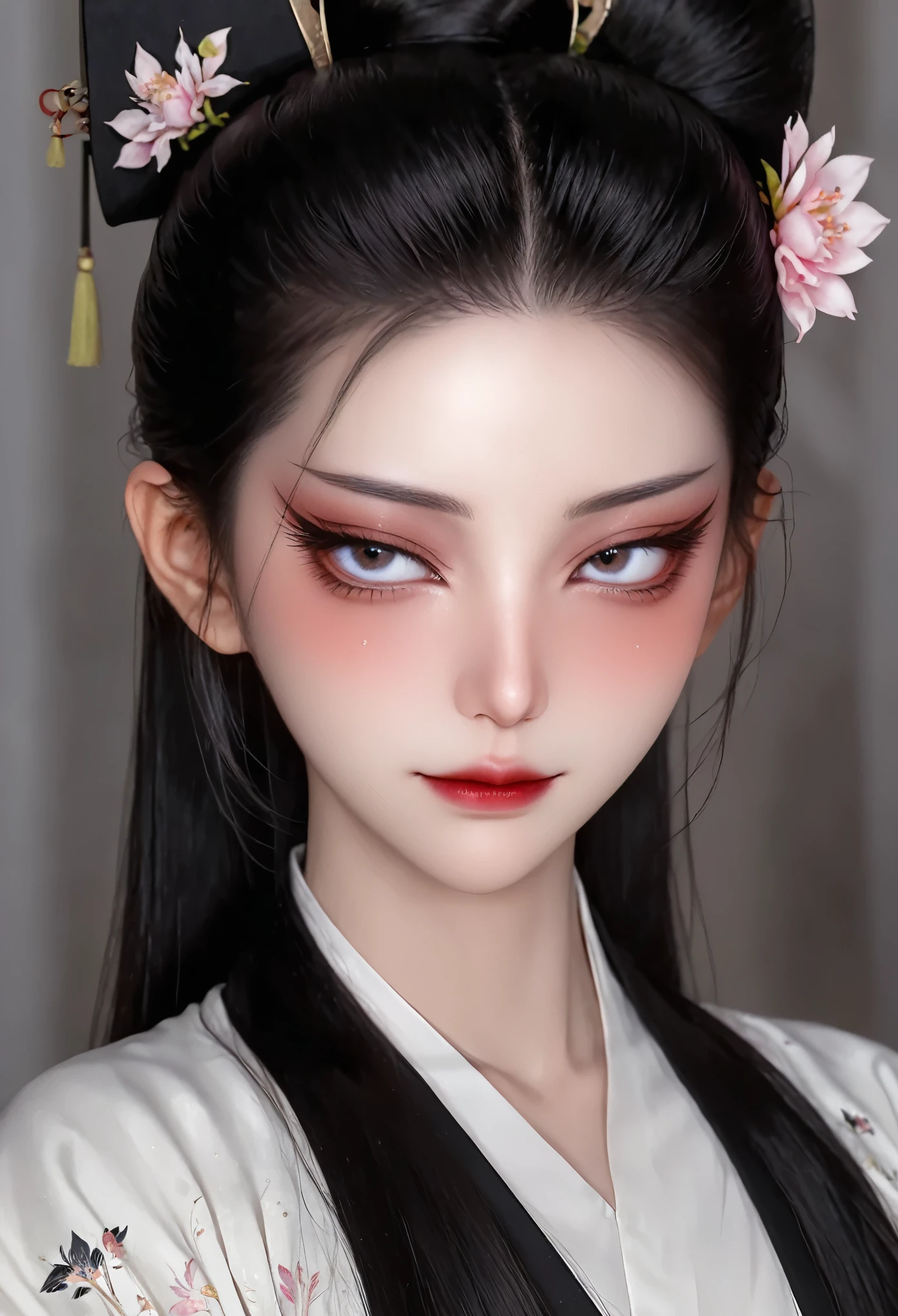 1 girl，Sexy，Black long hair，High Ponytail，Hair shine，Skin details，Beautiful facial features，Exquisite makeup，Exquisite eyes，Eye details，Dark eyeshadow，small freckles，Plain Hanfu，Shoulder，arm