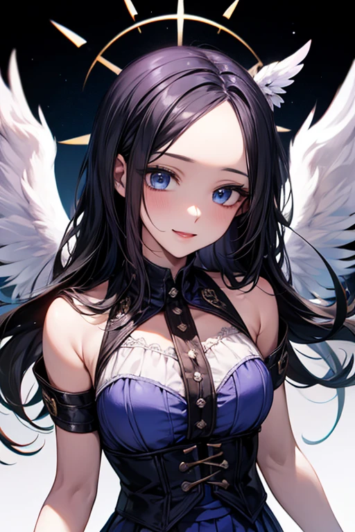 ((forehead)), masterpiece, masterpiece_portrait, distinct, distinct_image, high_resolution, highres, high_quality_anime, high_quality, hyper_detail, finely_detailed,4K, YUJU, GFRIEND , sexy body, ((black hair)), blue eyes, smile, happy, angel, ((white wings)), angel clothes, skirt, high heel, heaven, ((whole body))