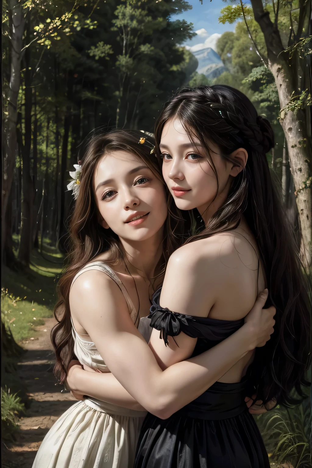Giorgione painting style,Barbizon forest A beautiful woman in Greek dress smiles on the shore,Sweet and seductive appearance.、Caravaggio's paintings、Chiaroscuro of Caravaggio、hair tousled by the wind,Two women frolicking,cute smile, expression of ecstasy,Sexy,erotic, full body portrait