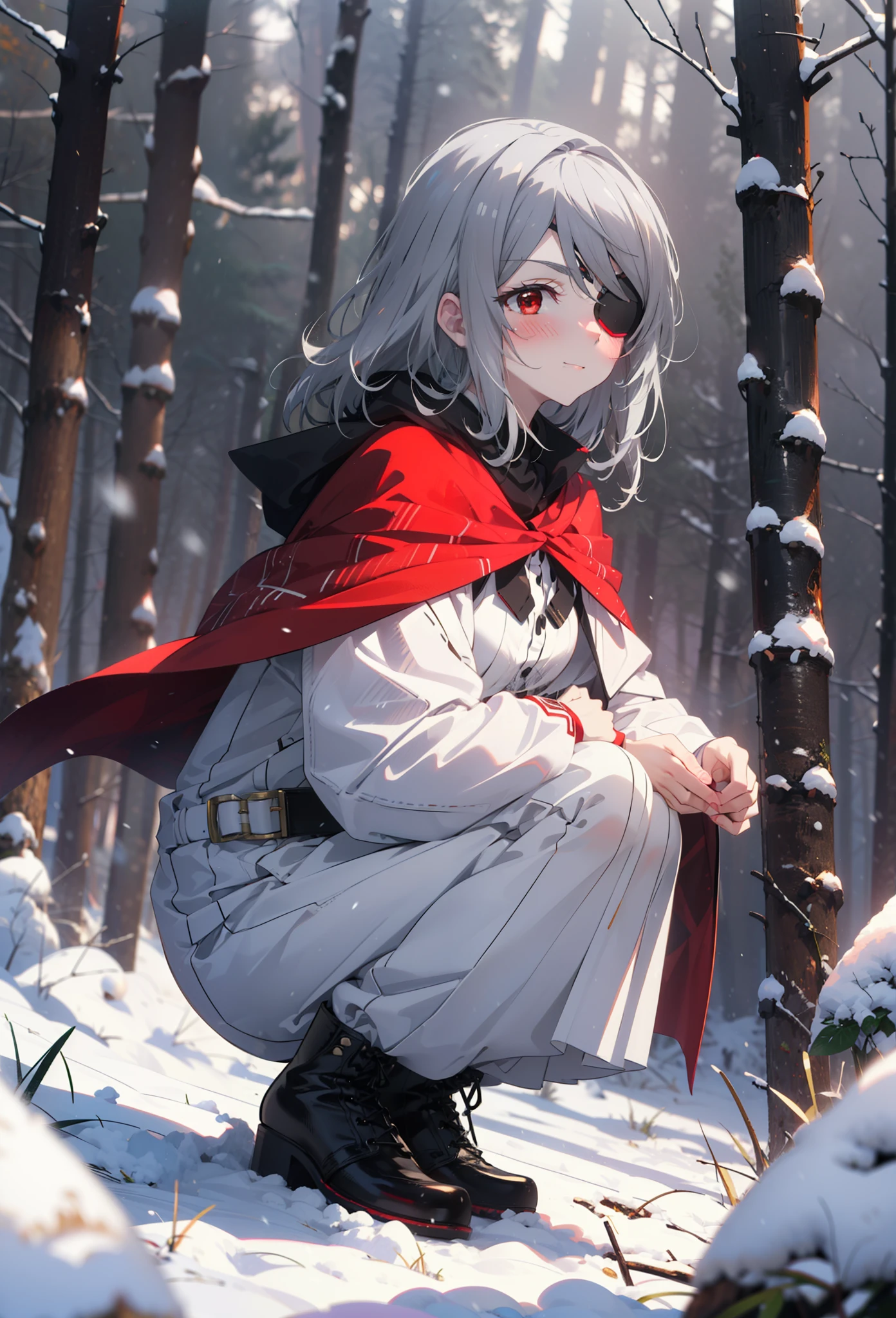 Laurabodewig, Laura Bodewig, Long Hair, (Red eyes:1.3), Grey Hair, Eye patch,smile,smile,blush,White Breath,
Open your mouth,snow,A bonfire on the ground,,Outdoor, boots, snowing, From the side, wood, suitcase, Cape, Blurred, , forest, White handbag, nature,  Squat, Mouth closed, Cape, winter, Written boundary depth, Black shoes, red Cape break looking at viewer, Upper Body, whole body, break Outdoor, forest, nature, break (masterpiece:1.2), highest quality, High resolution, unity 8k wallpaper, (shape:0.8), (Beautiful and beautiful eyes:1.6), Highly detailed face, Perfect lighting, Highly detailed CG, (Perfect hands, Perfect Anatomy),