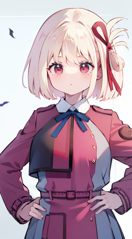 Little、Pink military uniform、Skirt、ribbon、A calm face、happen、Droopy eyes、Put your hands on your hips、masterpiece、Best image quality、highest quality、cute