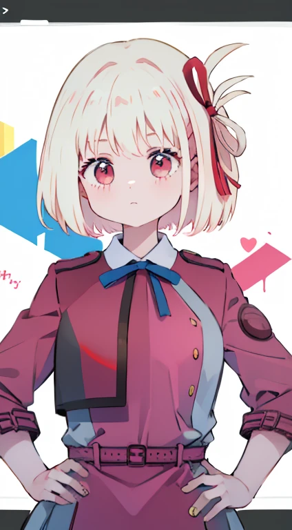 Little、Pink military uniform、Skirt、ribbon、A calm face、happen、Droopy eyes、Put your hands on your hips、masterpiece、Best image quality、highest quality、cute